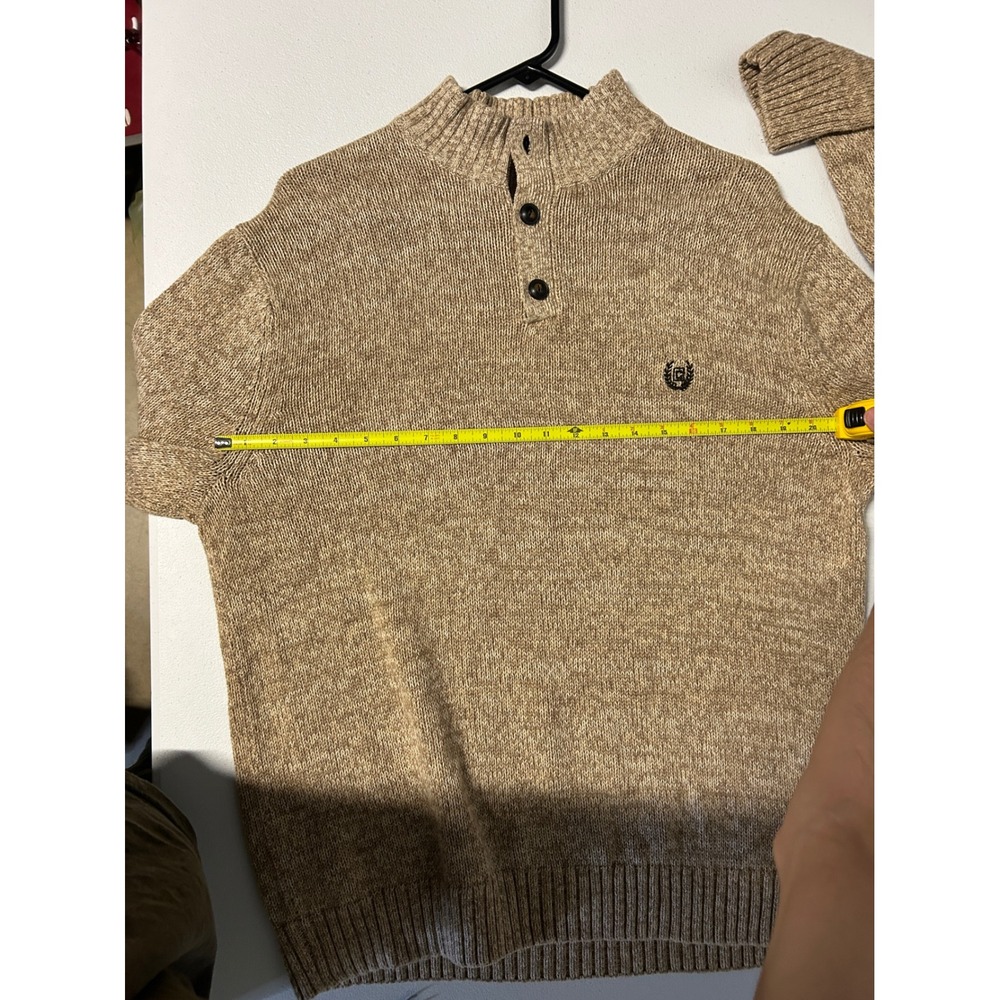 Chaps Sweater Mens Large Tan Mock Neck Quarter Button Elbow Patches Classic